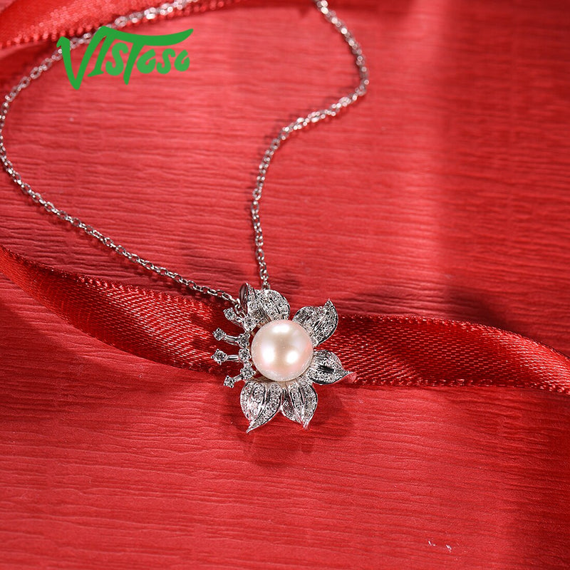 14K White Gold Diamond and Pearl Pendant for Women