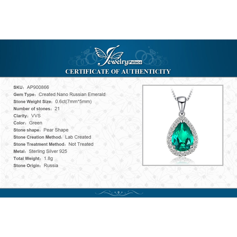 925 Sterling Silver Pear Simulated Nano Emerald Pendant for Women