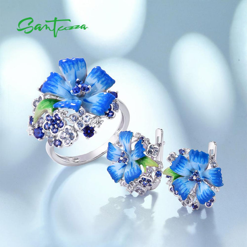 925 Sterling Silver Blue Flower Enamel Jewelry Set for Women