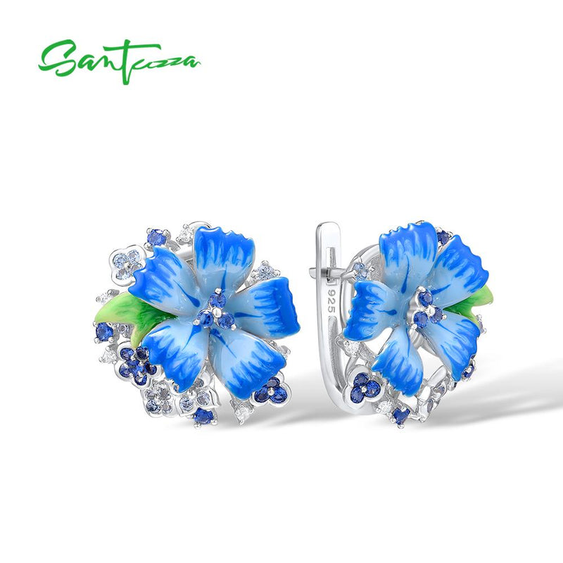 925 Sterling Silver Blue Flower Enamel Jewelry Set for Women