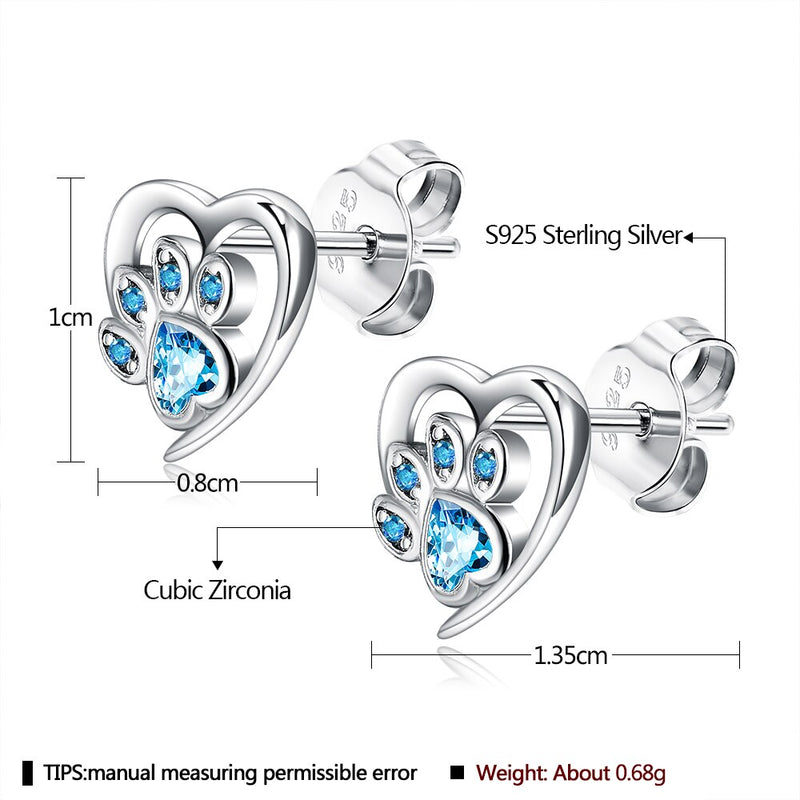 SILVERHOO Genuine Sterling Silver 925 Jewelry Animal Paw Cute Earrings For Women Heart Shape Blue CZ Cubic Zirconia Stud Earring