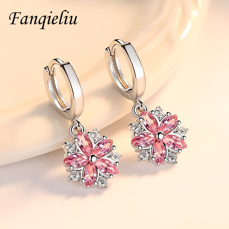 Fanqieliu Real 925 Sterling Silver Drop Earrings For Women Crystal Pink Vintage Flower Dangler Jewelry Wedding Girl FQL193219