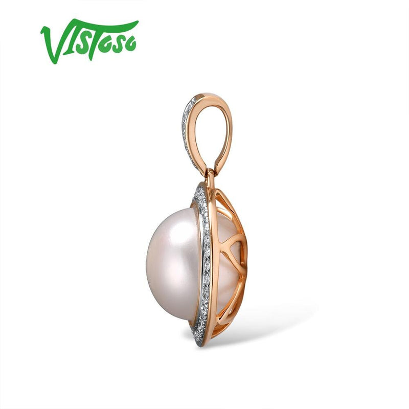 VISTOSO Pure 14K 585 Rose Gold Sparkling Diamond Elegant Fresh Water Pearl Pendant