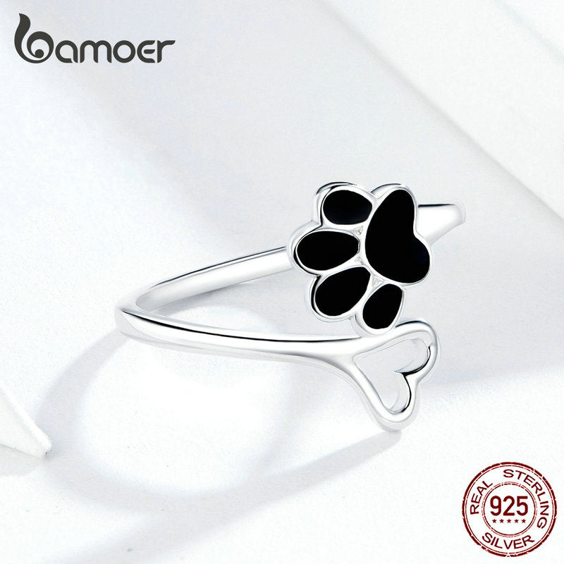 Sterling Silver Black Enamel Dog Paw Heart Adjustable Finger Ring for Women