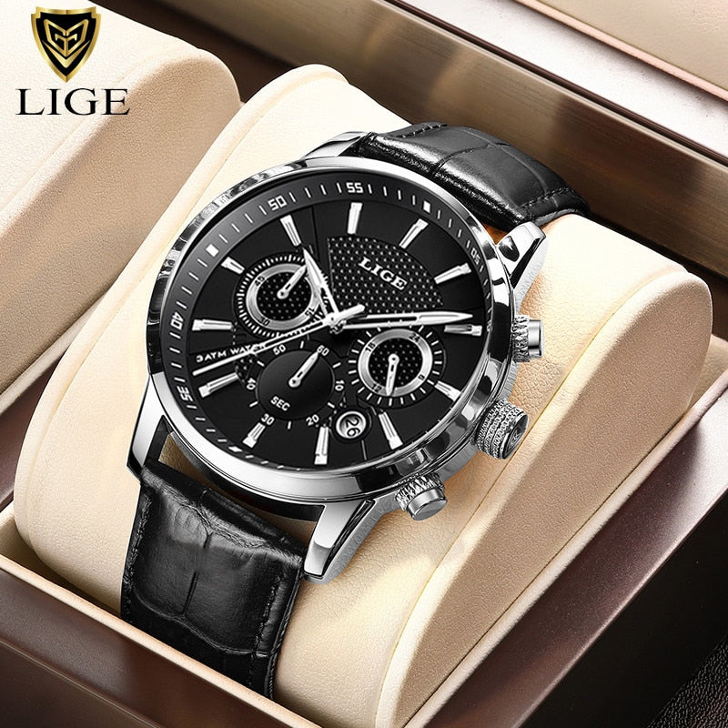 Relogio Masculino New Mens Watches LIGE Top Brand Leather Chronograph Waterproof Sport Automatic Moon phase Quartz Watch For Men