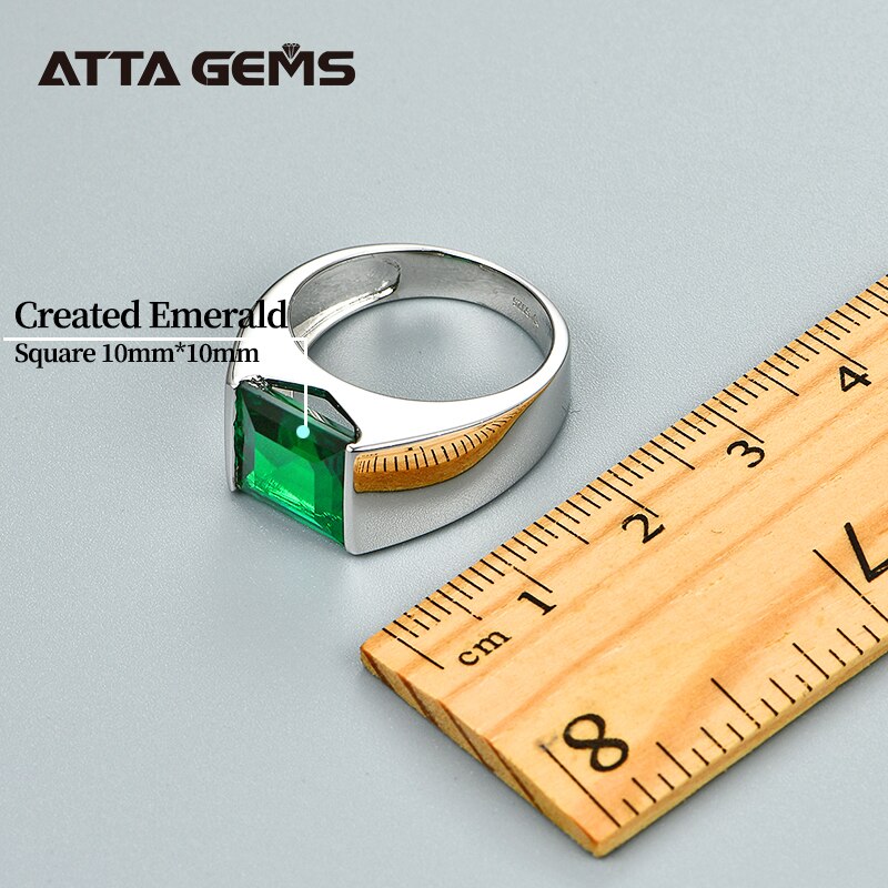 925 Sterling Silver 4.8 Carats Created Green Emerald Ring 10mm in Square