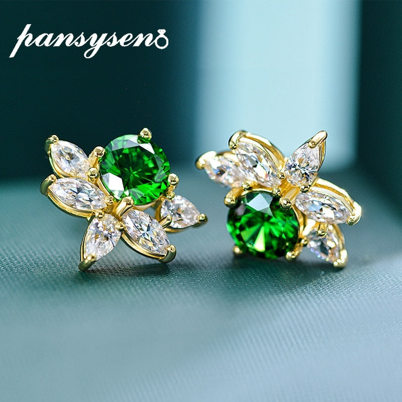 PANSYSEN Vintage 100% 925 Sterling Silver 7MM Round Cut Emerald Created Moissanite Diamond Stud Earrings Gold Color Fine Jewelry