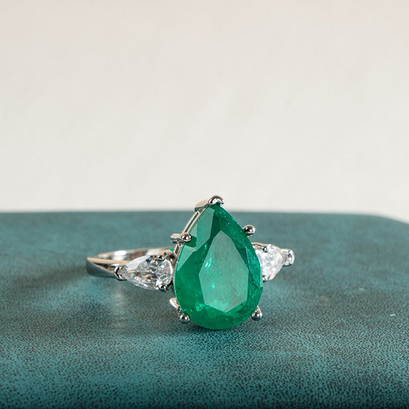 Sterling Silver Water Drop Emerald Ring for Women