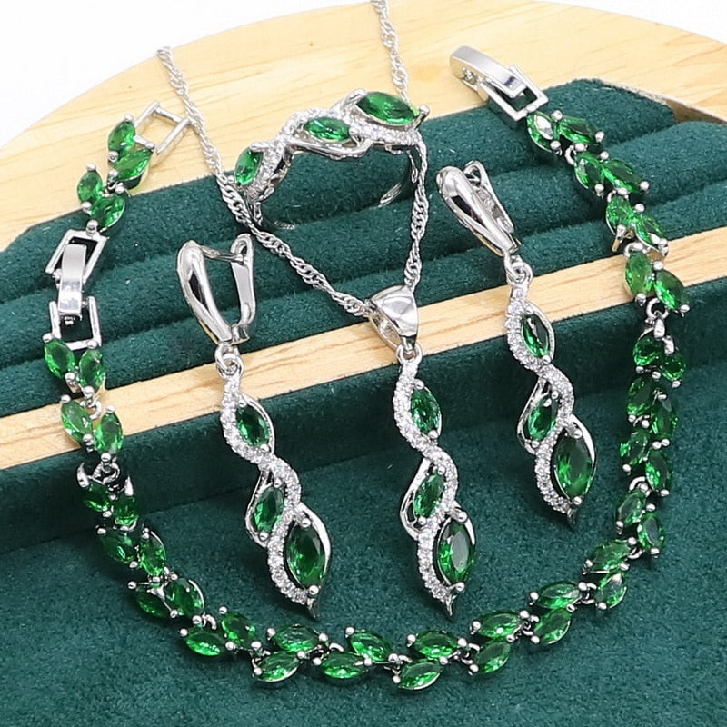 925 Sterling Silver Green Emerald Jewelry Set for Women