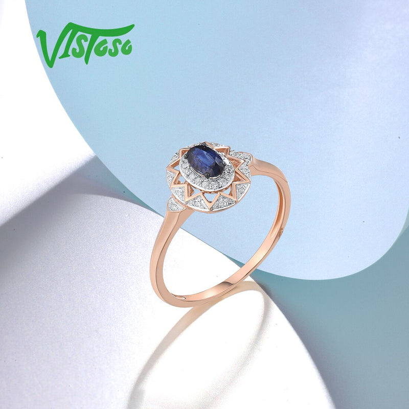 14K Rose Gold Oval Blue Sapphire Diamond Ring for Women