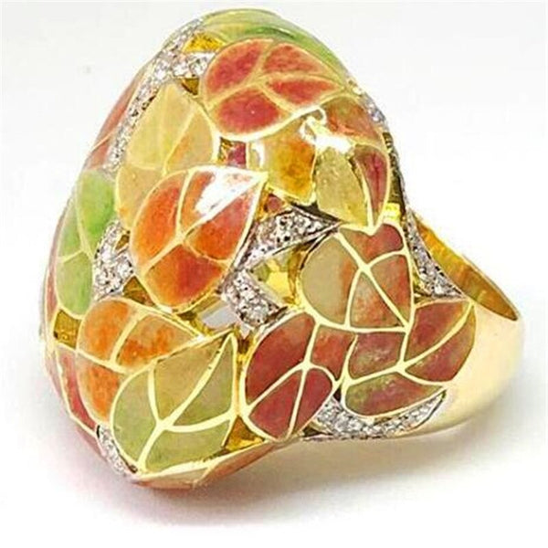 925 Sterling Silver Gold Fill Colorful Cubic Zircon Enamel Leaf Ring for Women