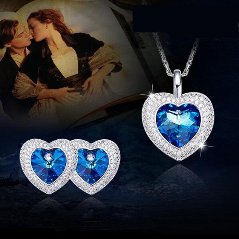 Blue Heart Necklace Earrings Fashion Jewelry Set Womans Romantic Anniversary Beautiful Gift