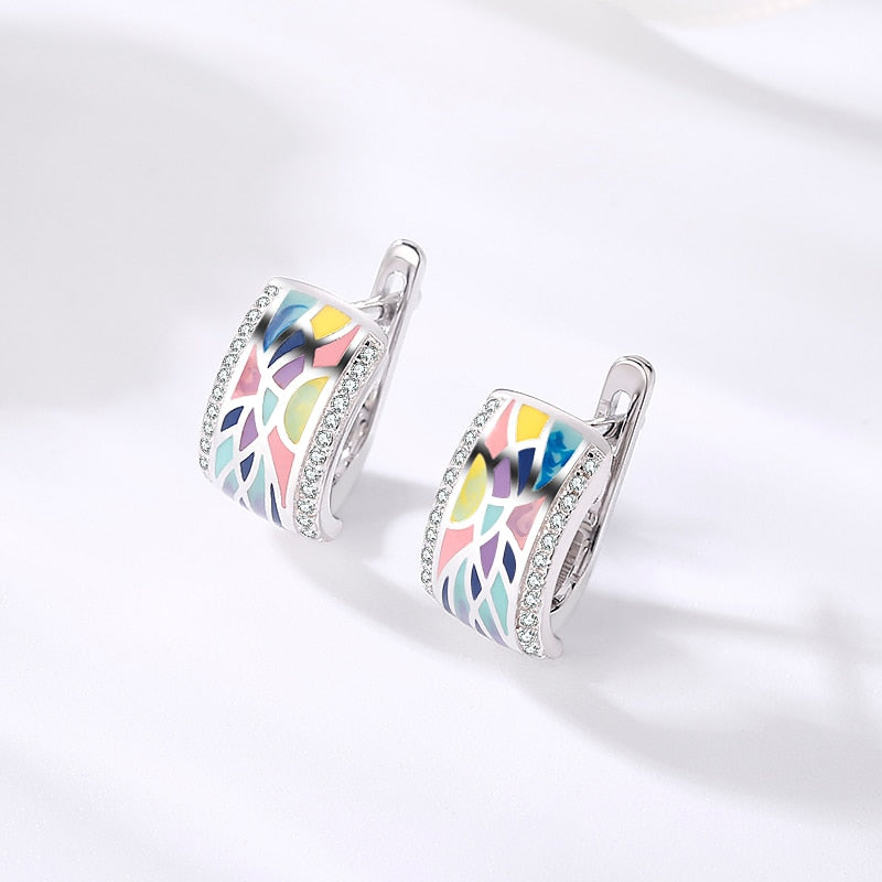 925 Silver Colorful Handmade Enamel Sparkling CZ Clip Earrings