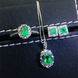 925 Sterling Silver Natural Emerald Necklace Ring & Earrings Jewelry Set