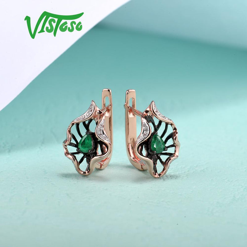 VISTOSO 14K 585 Rose Gold Sparkling Emerald Luxury Diamond Ring