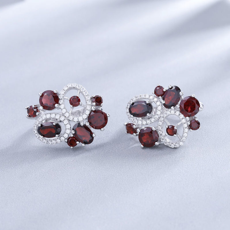 GEMS BALLET 925 Sterling Silver Natural Red Garnet Vintage Flower Earrings & Ring Jewelry Set