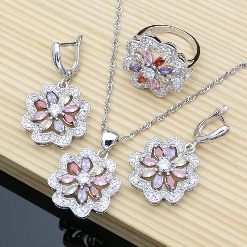 Silver Multicolor Zircon Jewelry Set for Women