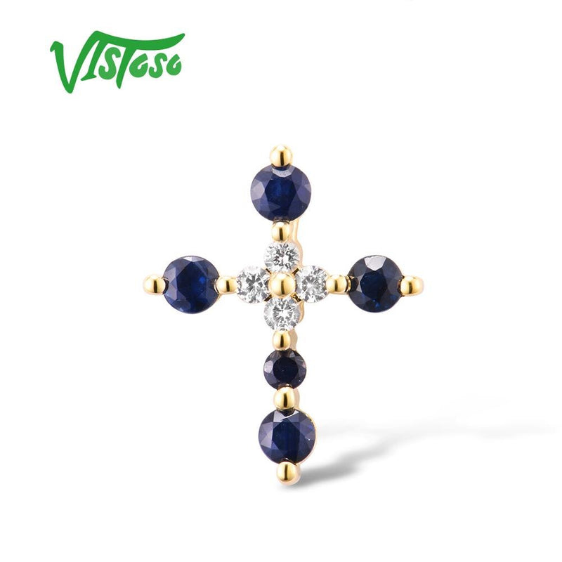 14K Yellow Gold Cross Blue and White Sapphire Pendant for Women