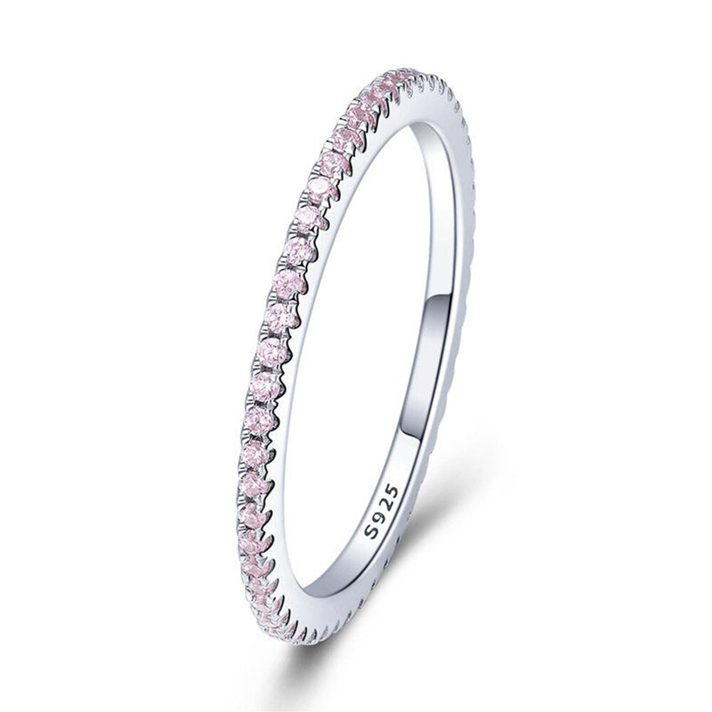 SILVERHOO 925 Sterling Silver Simple Pink Crystal Geometric Ring