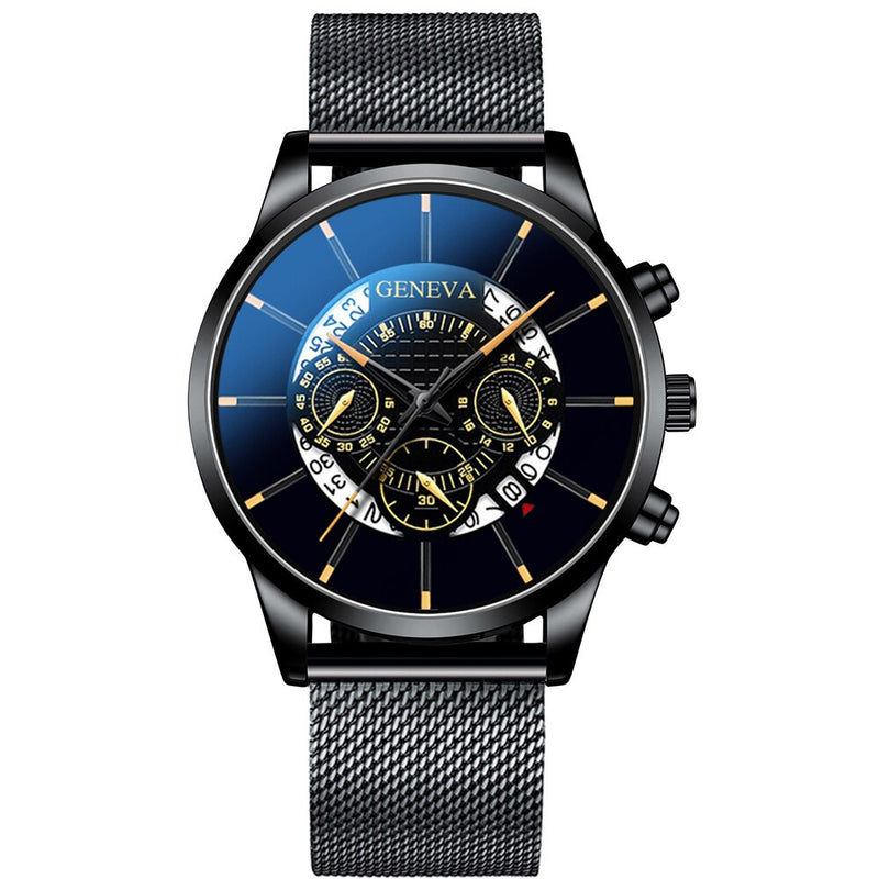 Luxury Mens Fashion Business Calendar Blue Stainless Steel Mesh Belt Analog Quartz Watches