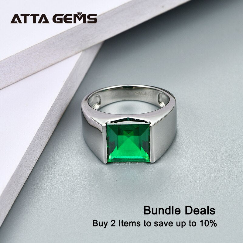 925 Sterling Silver 4.8 Carats Created Green Emerald Ring 10mm in Square