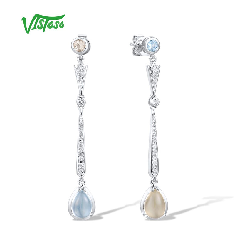 14K White Gold Quartz Diamond Topaz Dangling Earrings for Women