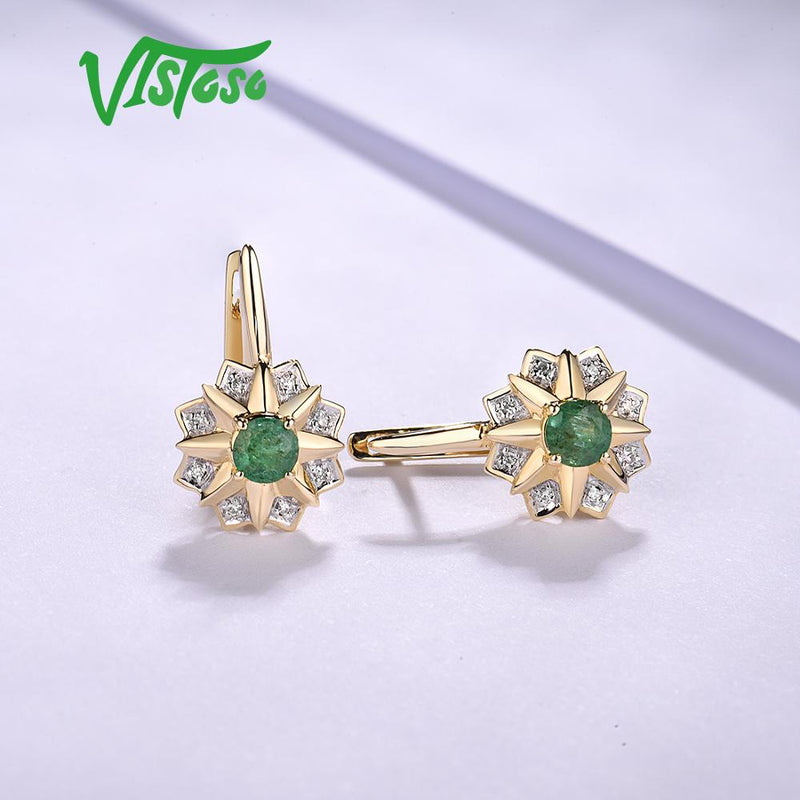 14K Yellow Gold Emerald and Diamond Dangling Earrings for Women