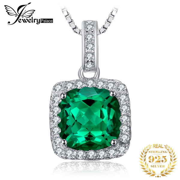 925 Sterling Silver Square Simulated Nano Emerald Pendant Necklace for Women