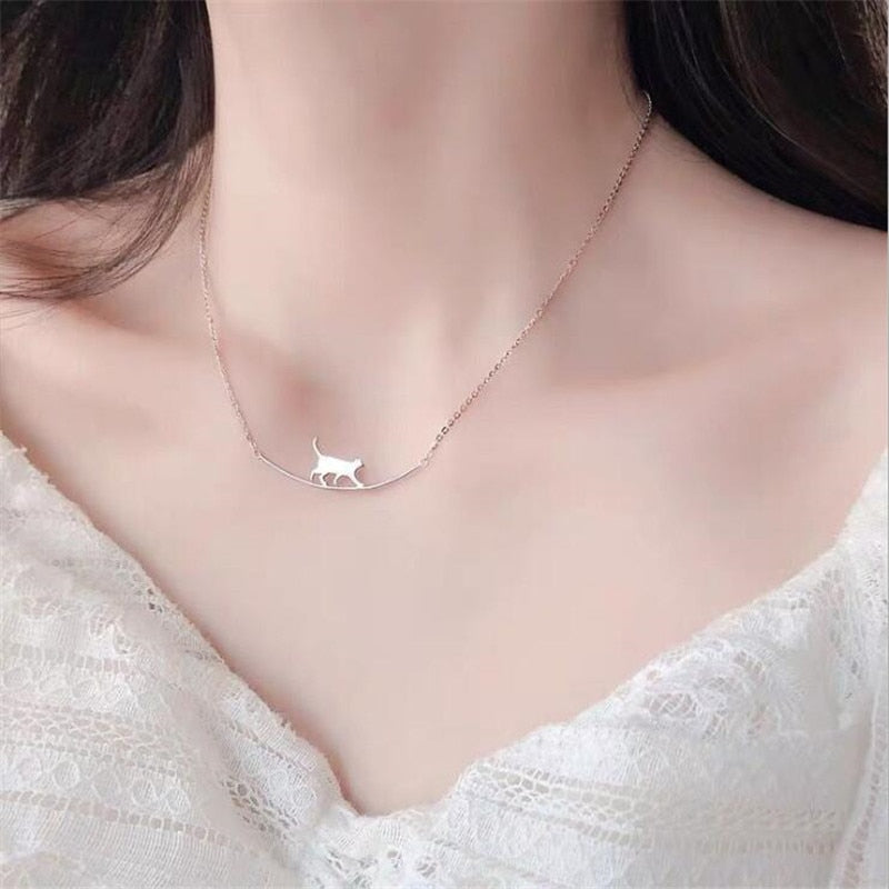 Cute Walking Cat Chain Necklace 925 Sterling Silver