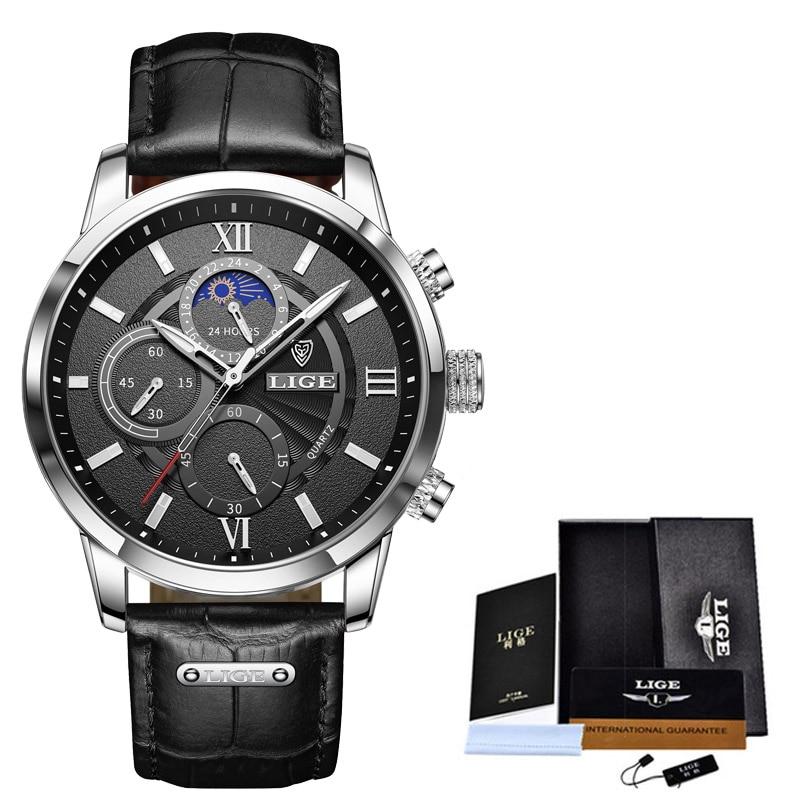 Stainless Steel Black Leather Waterproof Chronograph Watch for Men
