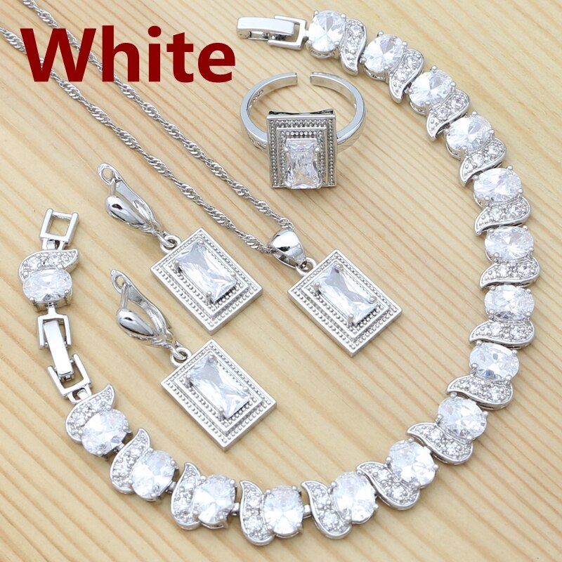 Sterling Silver Blue Cubic Zirconia Square Earrings Pendant Necklace Chain Open Ring Bracelet Set for Women