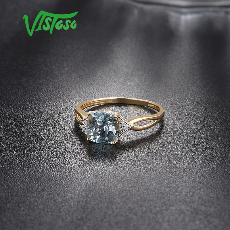 VISTOSO Pure 14K 585 Yellow Gold Sky Blue Topaz Diamond Ring
