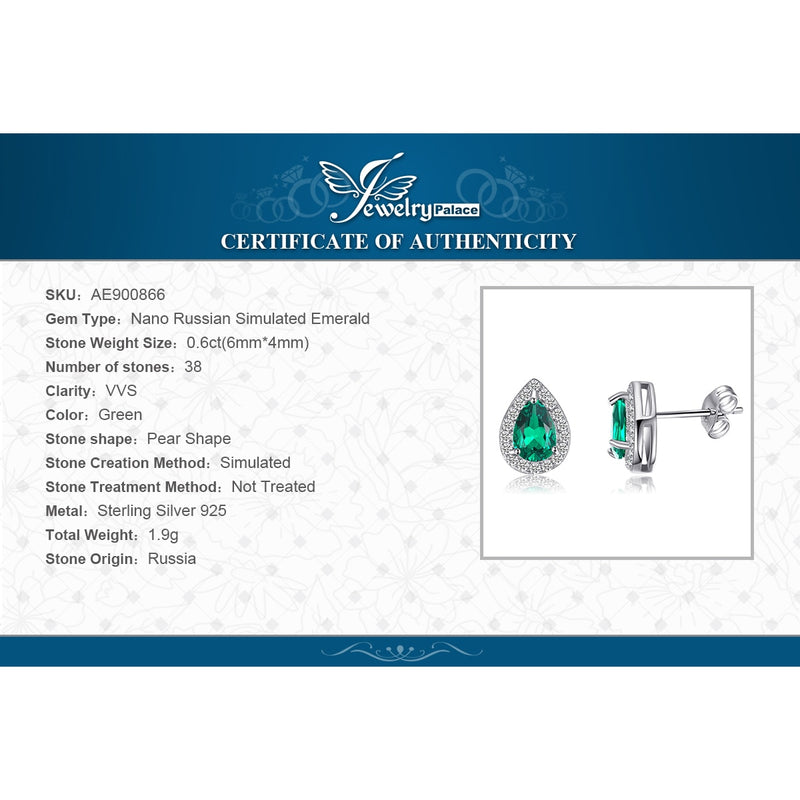 925 Sterling Silver Pear Green Simulated Nano Emerald Stud Earrings for Women