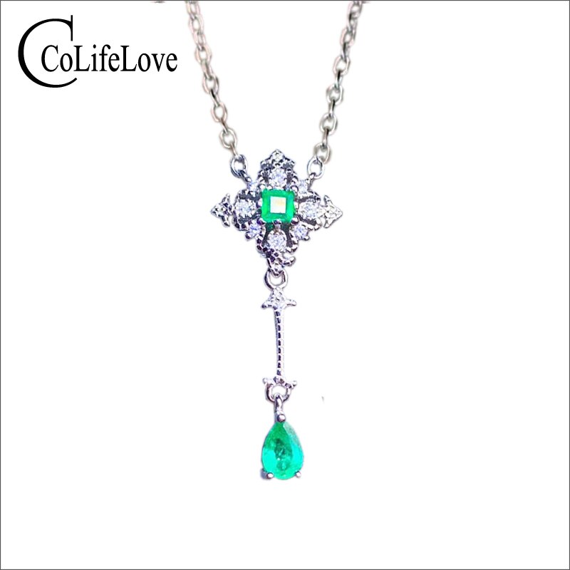 CoLife Jewelry Vintage 925 Sterling Silver Natural 2 Pieces Emerald Pendant