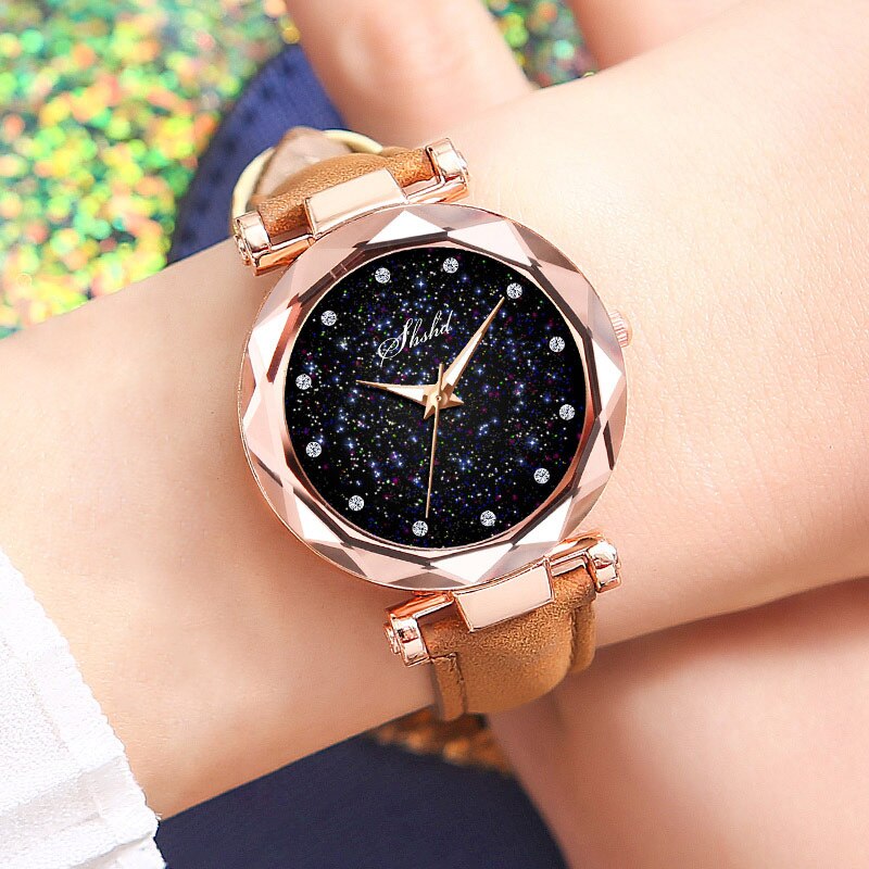 Women Quartz Watch Round Star Dial Wrist Watch with Perforated Frosted Strap TT@88