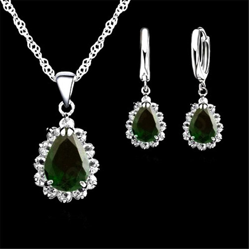 925 Sterling Silver Earrings Necklace Sets Pink/Blue/Gray/Red/Green/Purple Drops Water The Crystal For Women Wedding