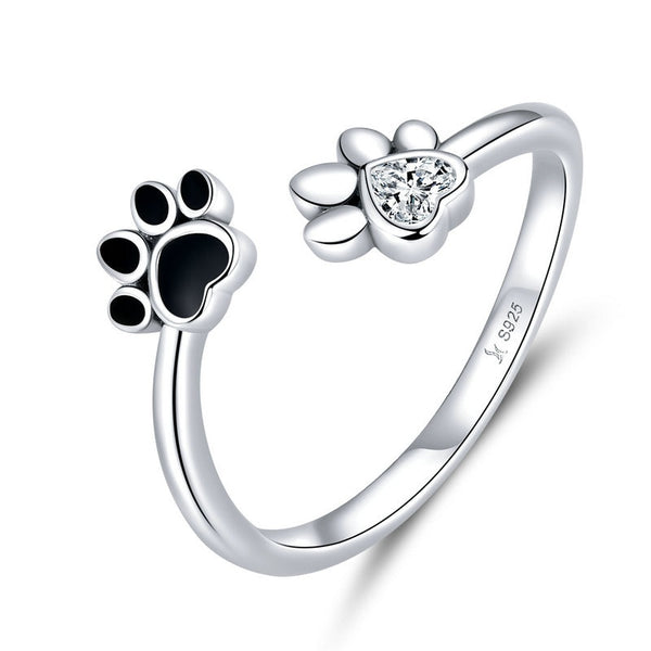 925 Sterling Silver Black Zircon Dog Paw Open Ring for Women