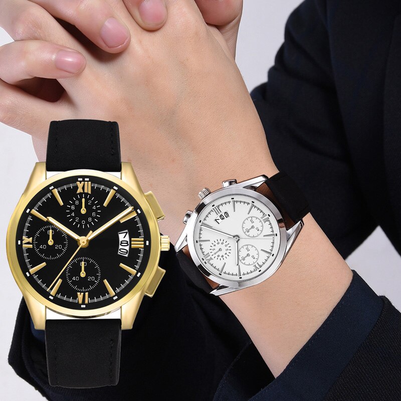 Men Quartz Watch Classic PU Leather Strap Three Eyes Round Dial Business Watches A66