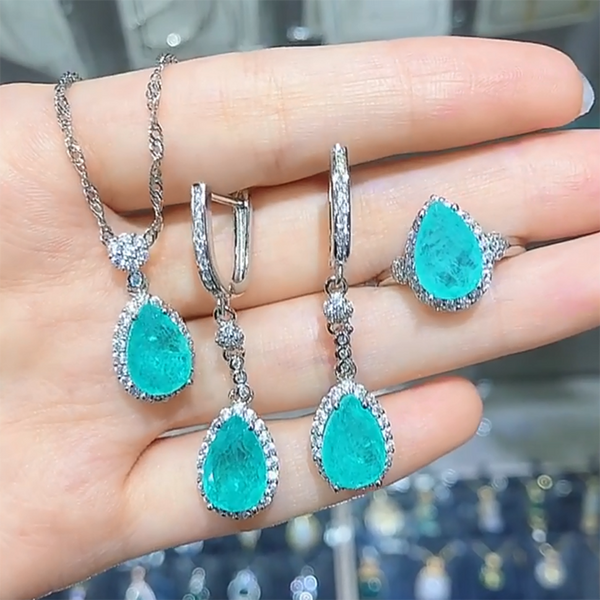 Luxury Wedding Silver 925 Accessories Set For Bride Paraiba Water Drop Tourmaline Gemstone Ring Necklace Earring Jewelry Sets