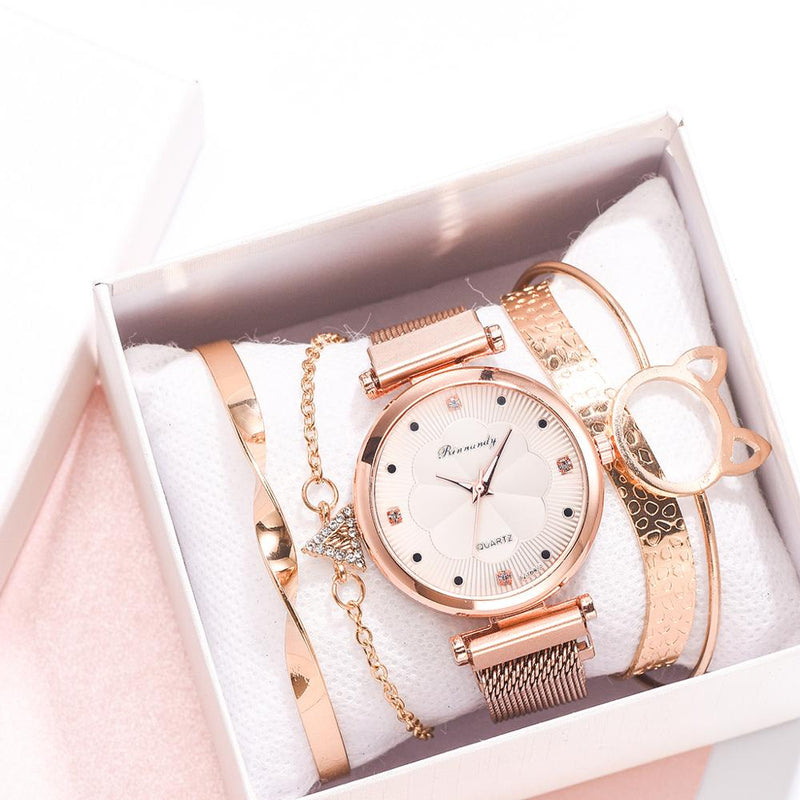 Stainless Steel Rhinestone Flower Watch Set for Women