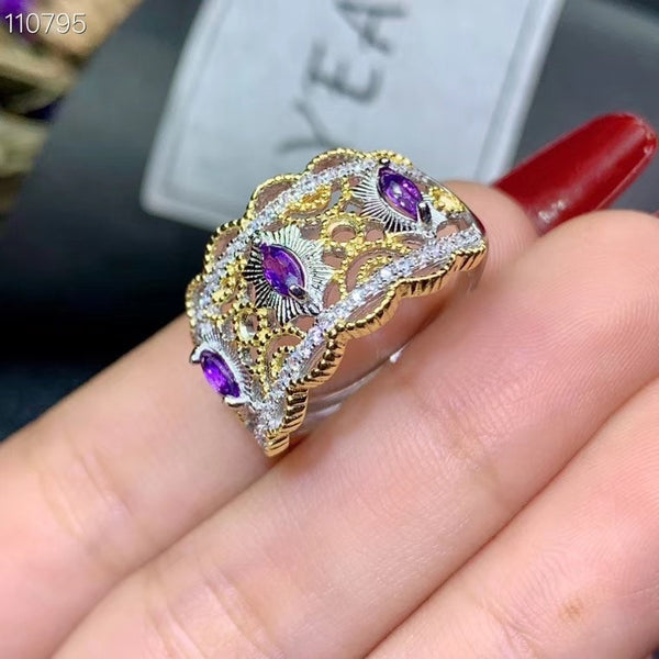 925 Sterling Silver Plated Gold Natural Amethyst Ring