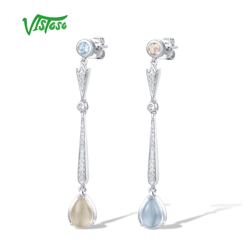 14K White Gold Quartz Diamond Topaz Dangling Earrings for Women