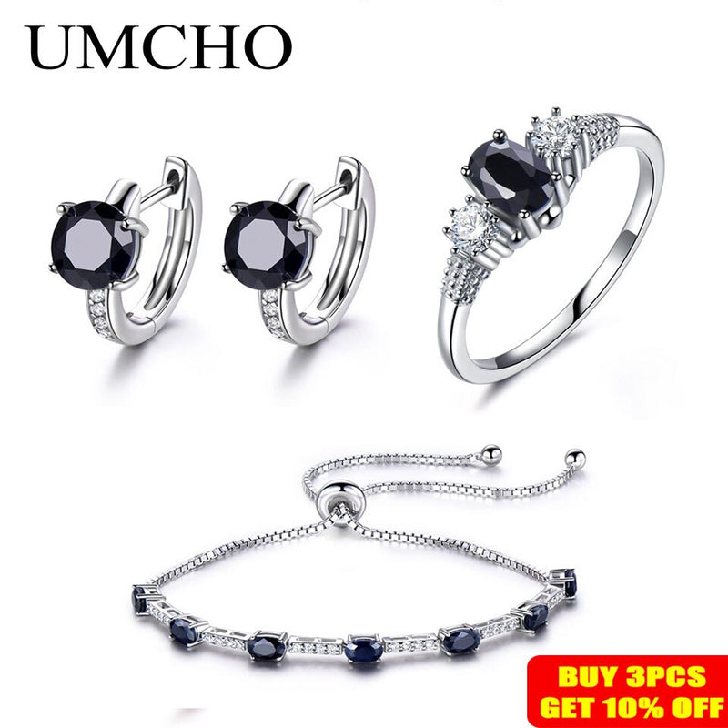 UMCHO Solid 925 Sterling Silver Natural Black Sapphire Ring Pendant & Stud Earrings Jewelry Set