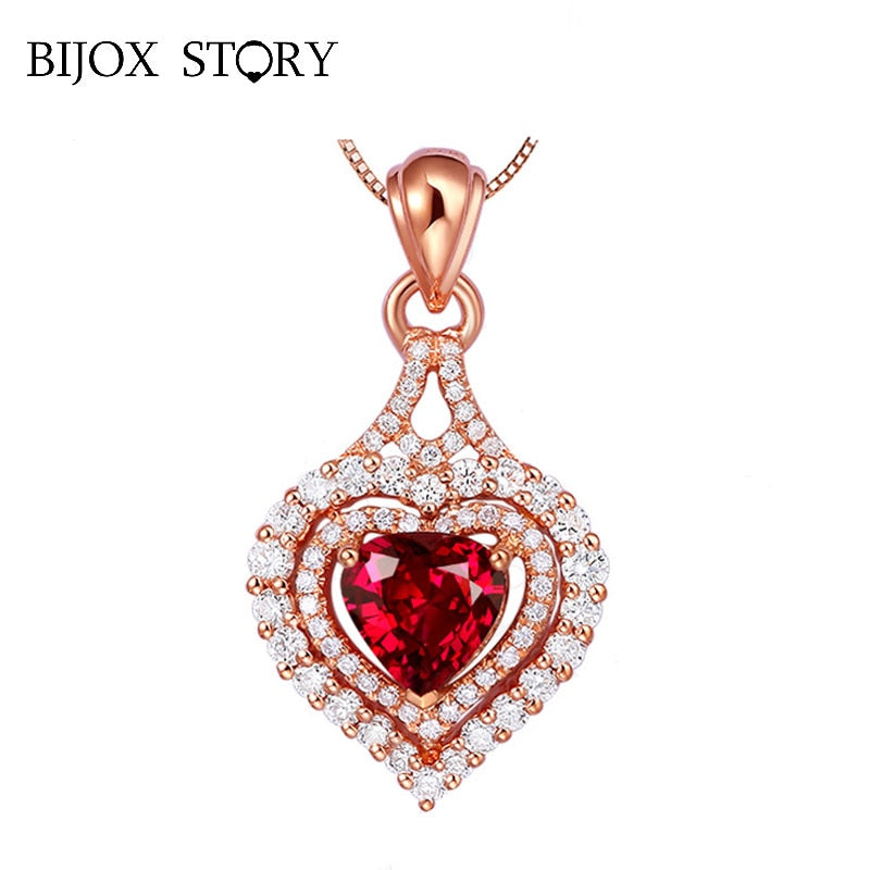 BIJOX STORY Elegant Heart-shaped Emerald Sapphire Pendant Necklace in 925 Sterling Silver