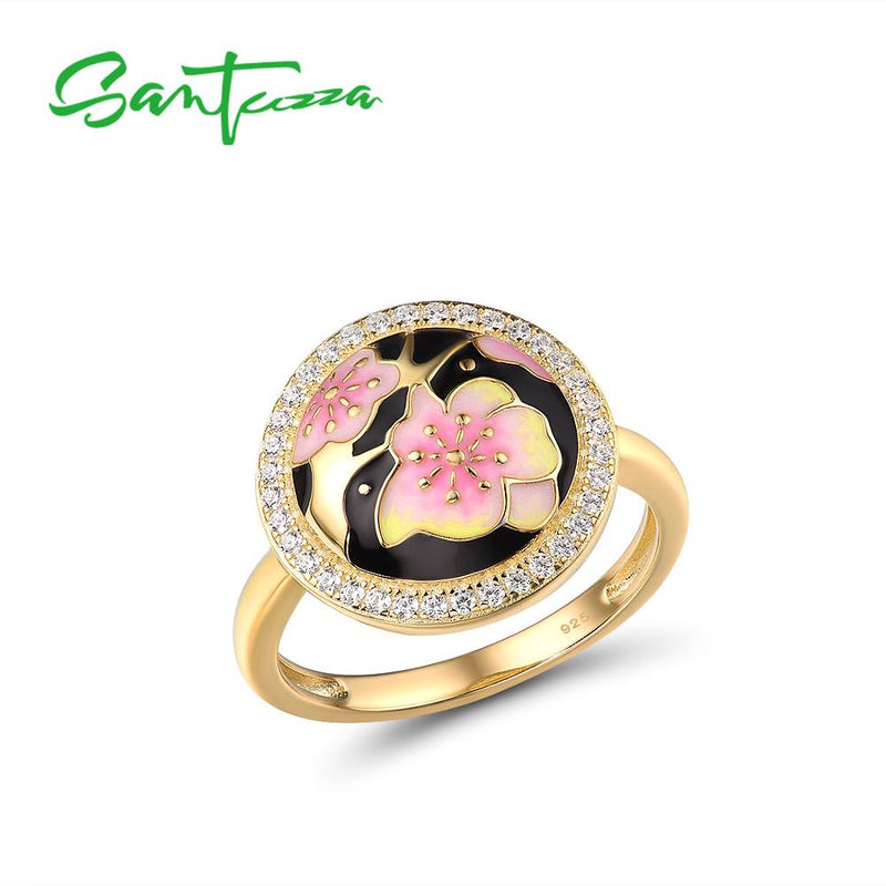 SANTUZZA 925 Sterling Silver Cherry blossoms Enamel Earrings Ring Pendant & Bracelet Jewelry Set