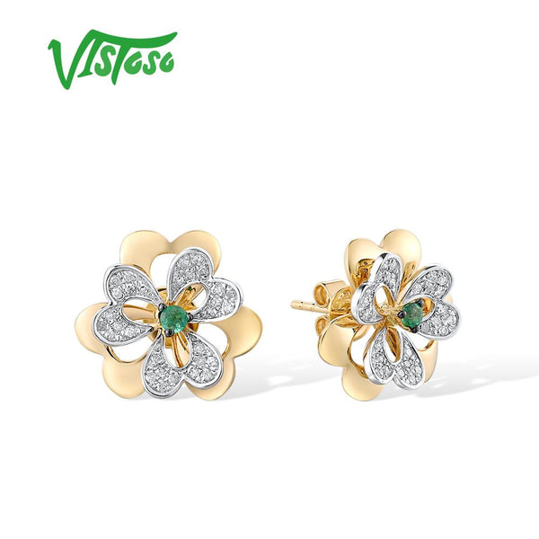 14K Yellow Gold Emerald Diamond Flower Stud Earrings for Women