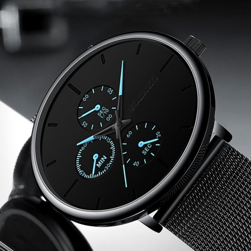 Fashion Mens Business Black Stainless Steel Ultra Thin Mesh Belt Quartz Men Wrist Watch