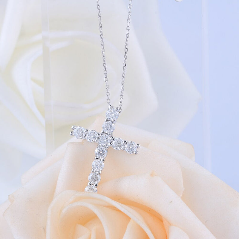 Sterling Silver with 14K Gold Plated Cross Moissanite Pendant Necklace for Women