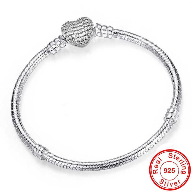 925 Sterling Silver Snake Chain Secure Heart Clasp Charms Bracelet