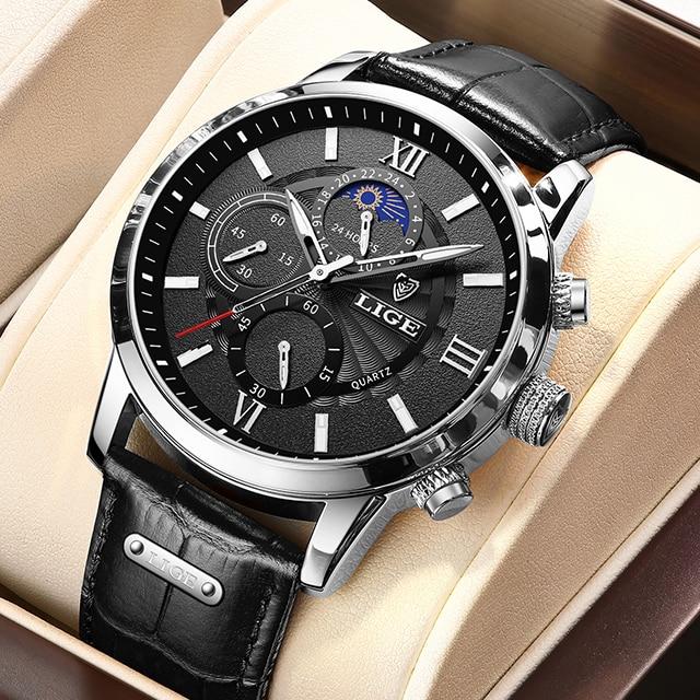 2021 LIGE Watches Mens Top Brand Luxury Clock Casual Leathe 24Hour Moon Phase Men Watch Sports Waterproof Quartz Chronograph+Box